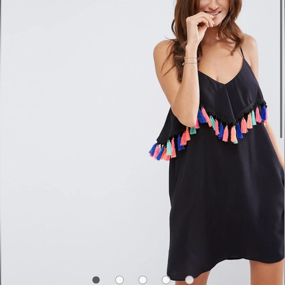 ASOS Cami Beach Dress with Multi Colored Tassel Trim - Black (US Size 6)
